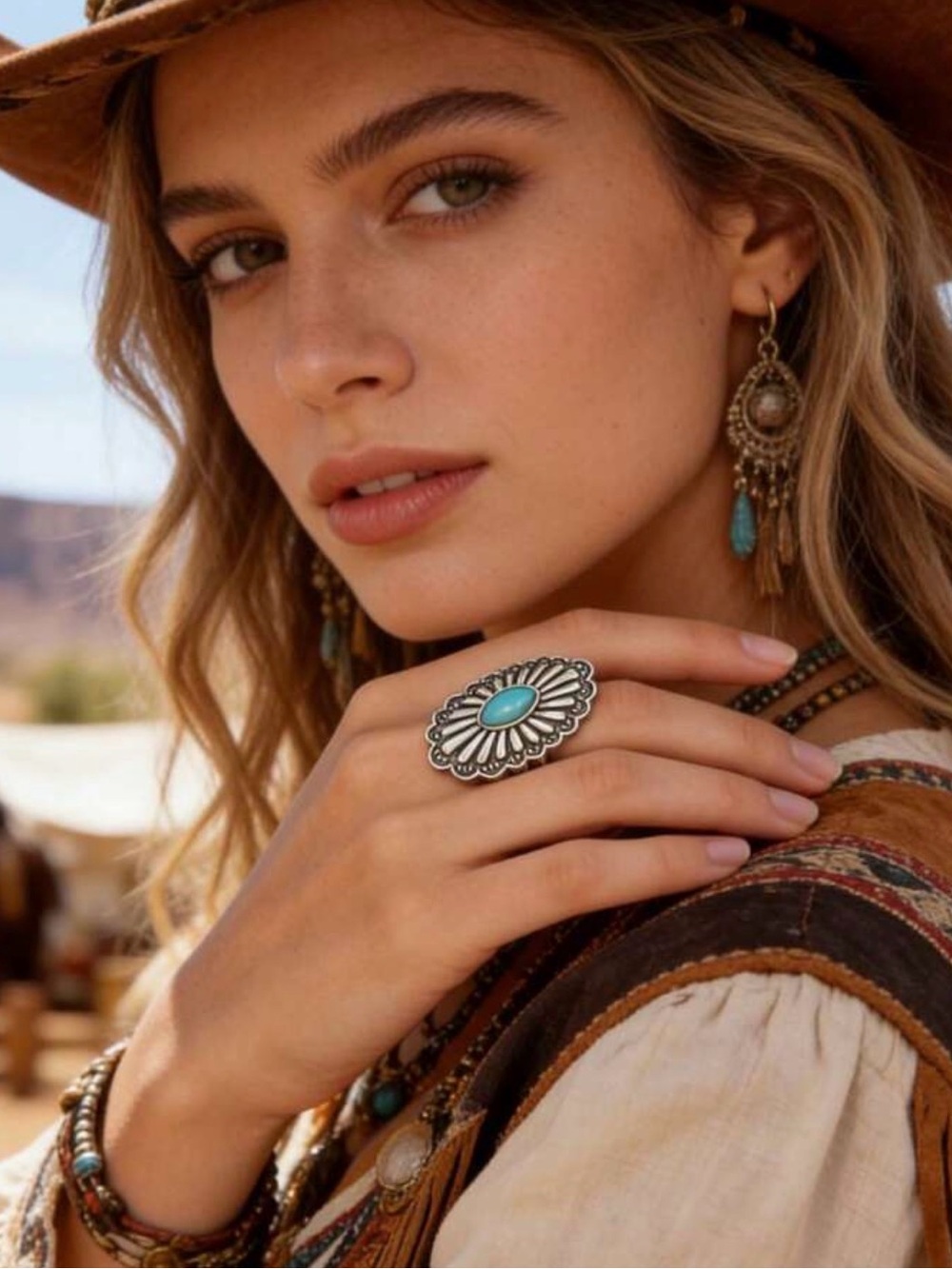 Western Ring Bohemian Silver-Tone Turquoise Statement Ring Concho Style